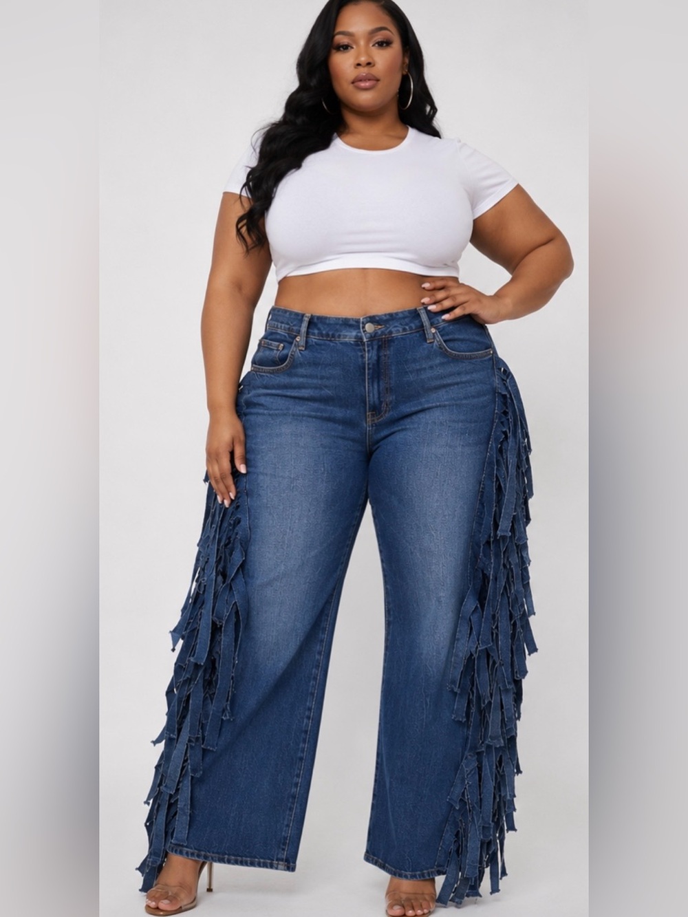 Upcycled Denim full thick Fringe Jeans - Blue size 18/20
